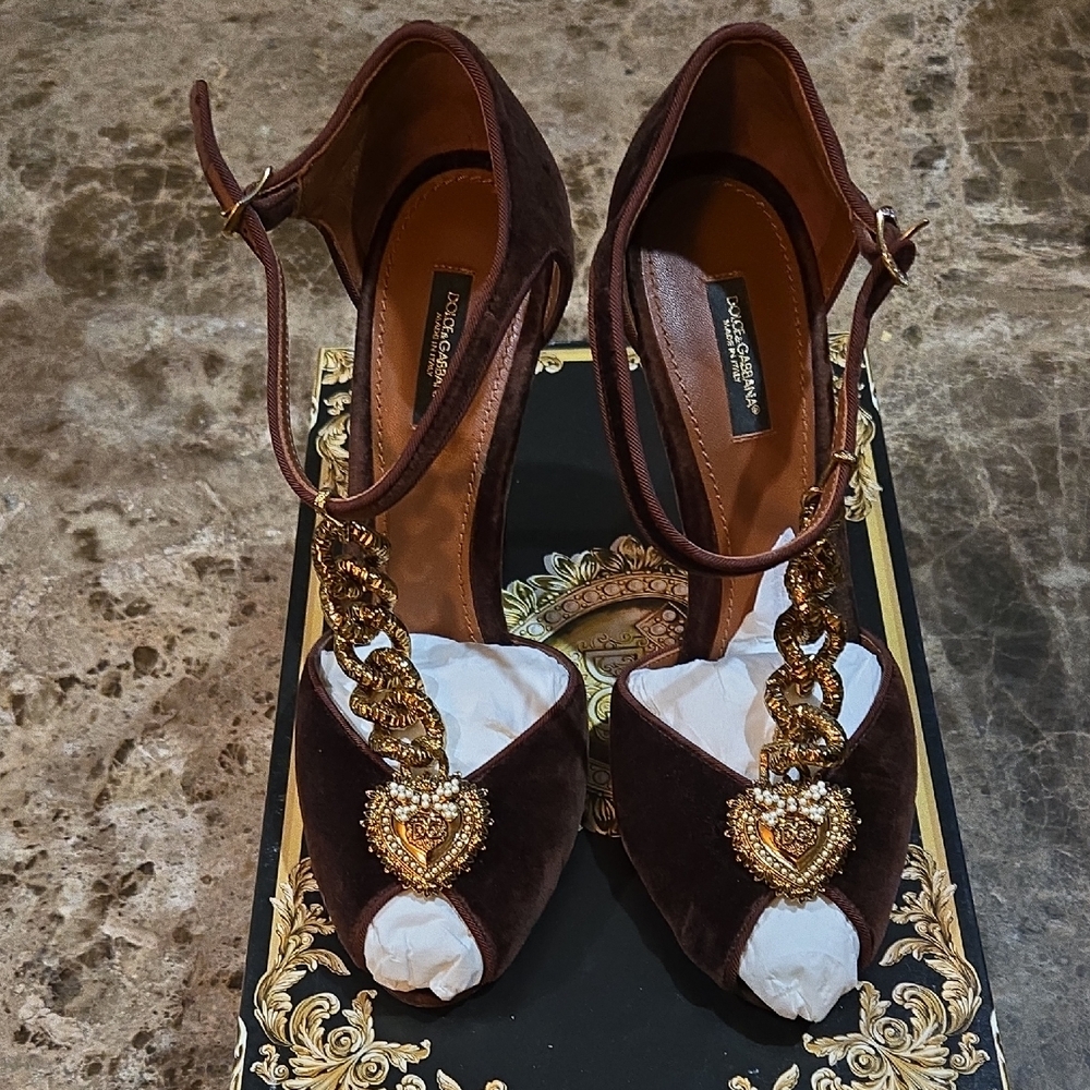 Dolce & Gabbana Brown and Gold/Copper DEVOTION Velvet Heels with Ankle Straps